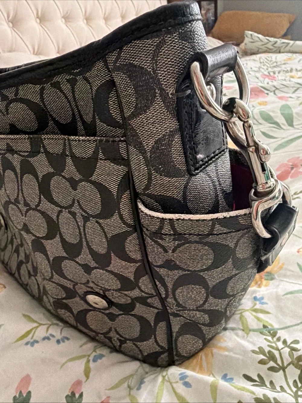 Coach Gray Signature Canvas Messenger Bag with Black Trim